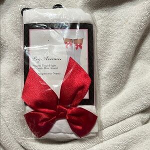 Leg Avenue White Thigh Highs with Red Satin Bow Accent